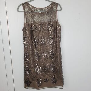 Max Studio Dress Mini Sequin HIgh Neck Brown Event New Years Lined Womens M